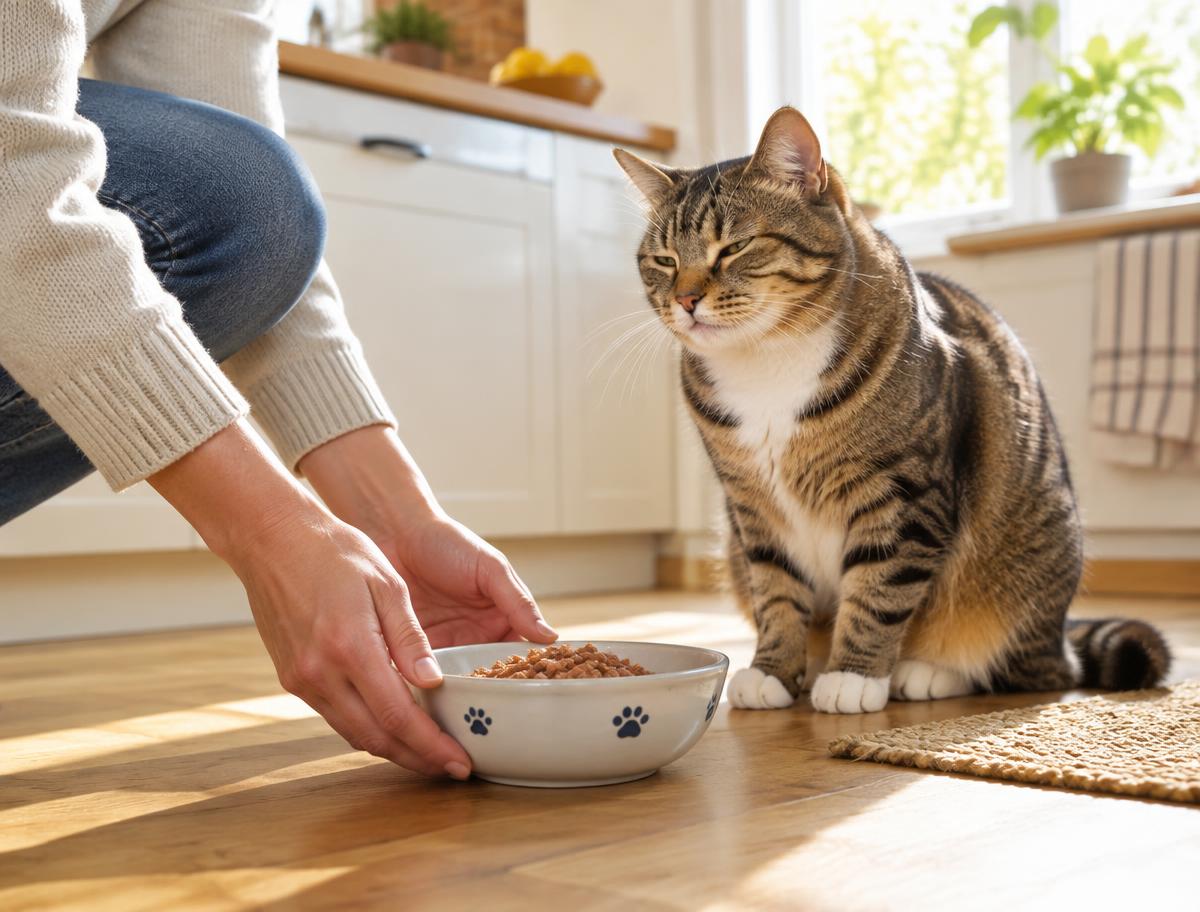 Hands setting a food bowl down for a tabby cat