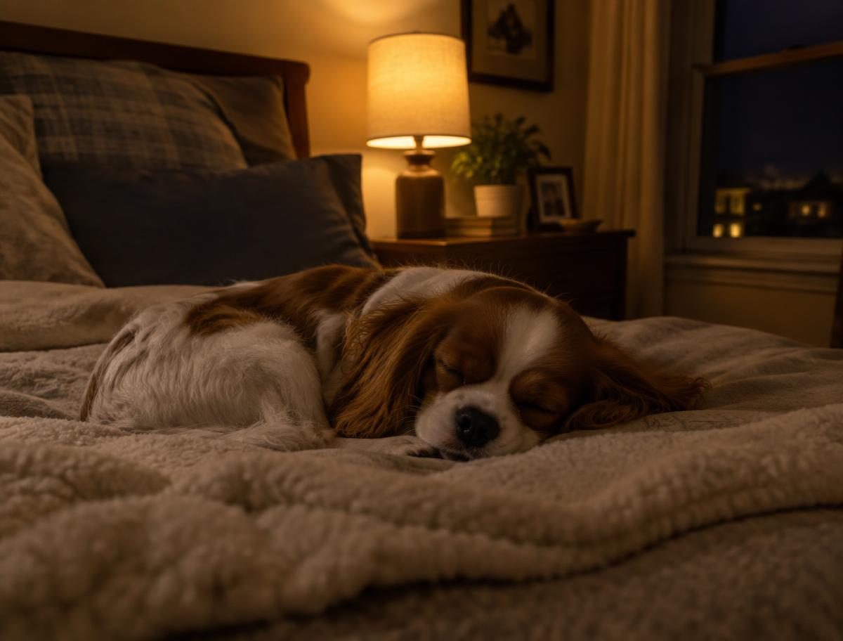 Small dog sleeping peacefully on a bed at night