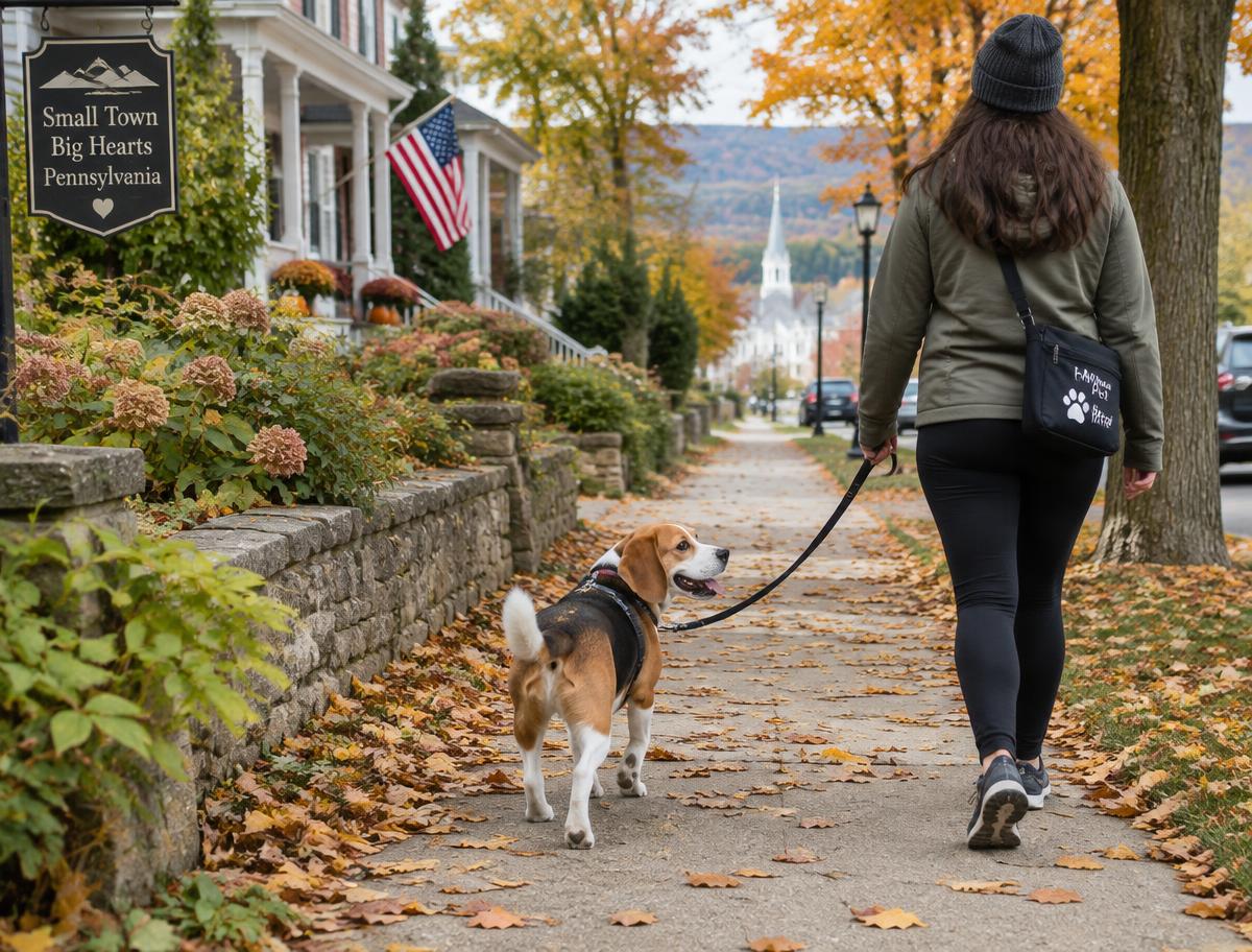Pet sitter walking a happy beagle down a leafy sidewalk